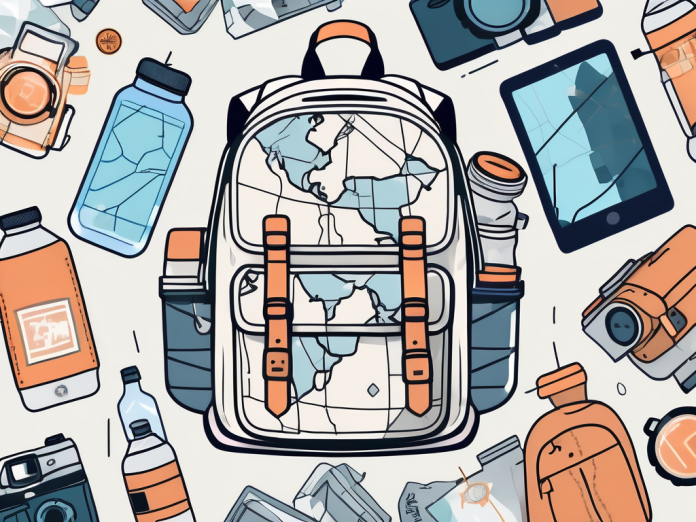 A backpack filled with various travel essentials like a map