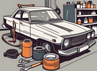 Essential Car Maintenance Tips for First-Time Owners A new car in a garage with various car maintenance tools like a wrench