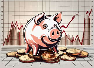 Getting Started with Stock Market Investments on a Tight Budget A piggy bank sitting on a pile of coins and stock market graphs in the background
