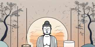 Managing Stress Through Yoga A tranquil yoga mat surrounded by calming elements like a lit candle