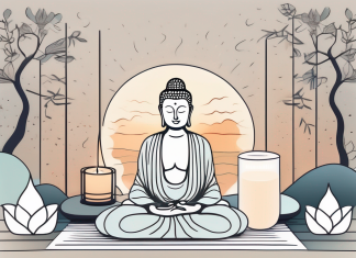 Managing Stress Through Yoga A tranquil yoga mat surrounded by calming elements like a lit candle